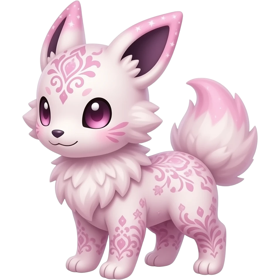 Fuzzy cozy rosy aesthetic Rosy beautiful gorgeous pretty Petite shiny glossy sparkly romantic pastel damask Absol-Sylveon-Amaura-Aurorus-Espeon-Fakemon-hybrid with heart sparkle patterns emoji