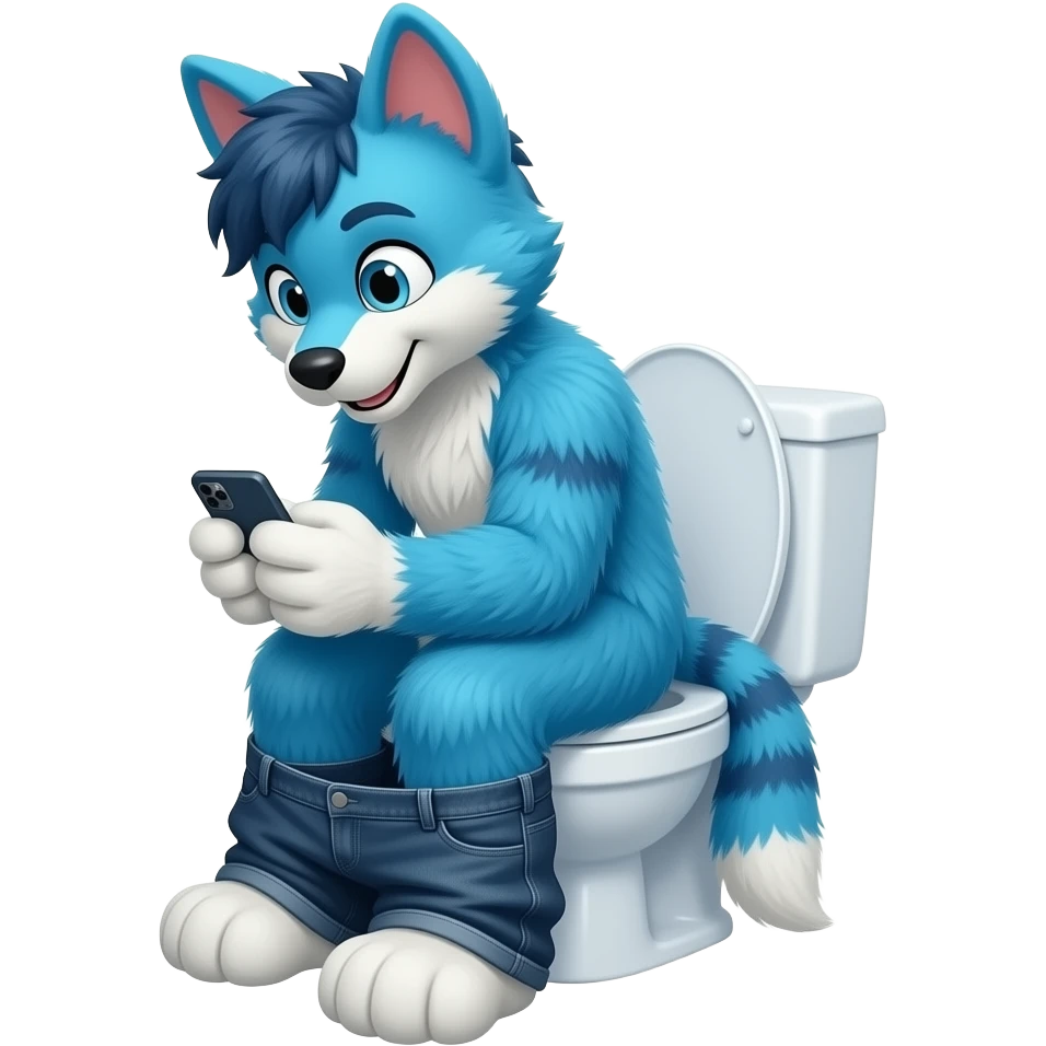 blue furry fursuit sitting on toilet, side view, pants down, looking at phone emoji