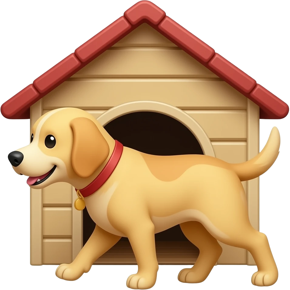 The Golden dog walks into the doghouse. emoji