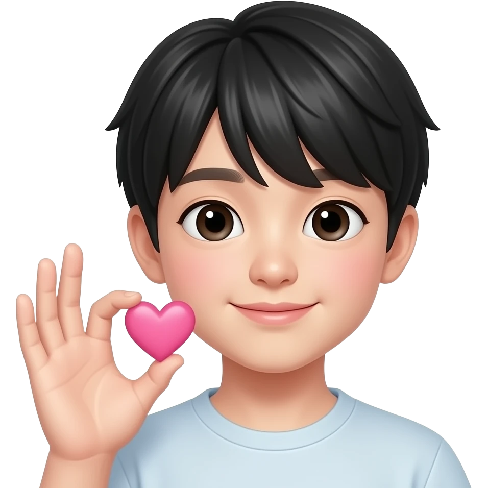 Sending kiss Cute Korean boy emoji, soft black straight bangs, pale skin, small lips, gentle round eyes, subtle mole under right eye, sending a pink heart on handpalm pose near the face with one hand, glossy 3D Pixar-style render, realistic Korean idol vibe, face and hand only emoji