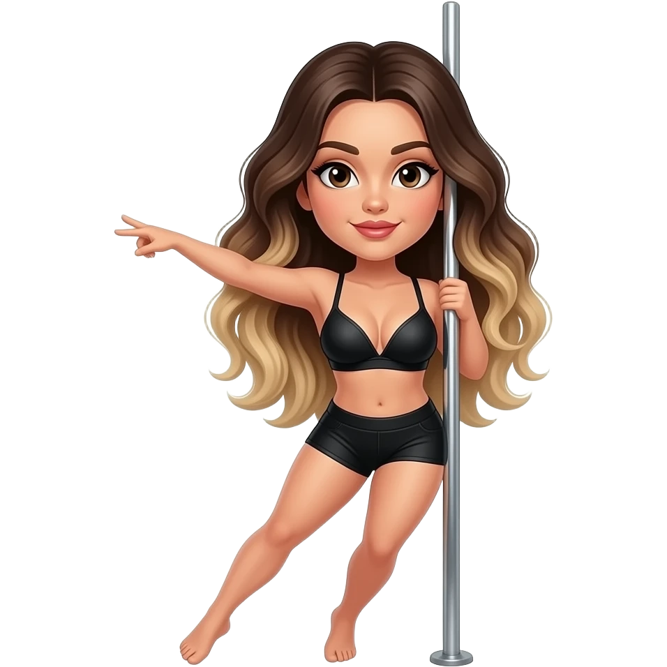 Brunette balayage hair in black workout shorts and bra, curvy body, pole dancing emoji
