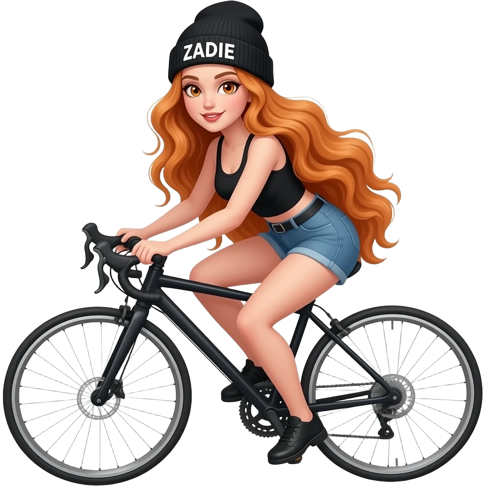 sexy girl with overlong wavy ginger hair and ginger eyes wearing a black tanktop and a black beanie with ZADIE written on it, is riding a bike emoji