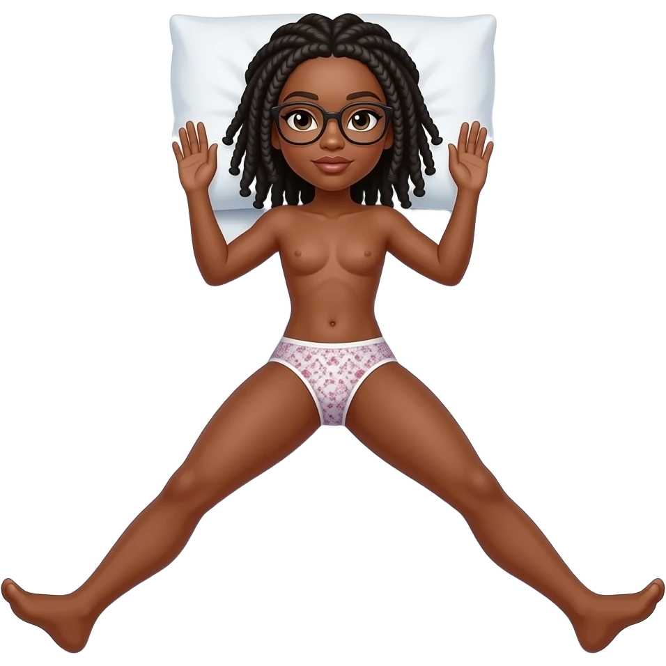 Black woman with black locs (with some gray) and glasses laying down in bed with legs open in panties emoji