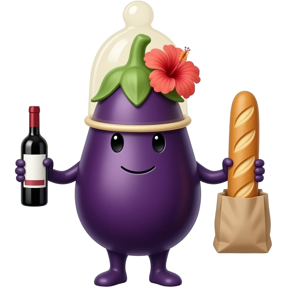 Aubergine ave un preservatif sur la tete et tenant une petite bouteille de vin dans une main et une baguette dans l'autre. Un hibiscus au dessus du preservatif emoji