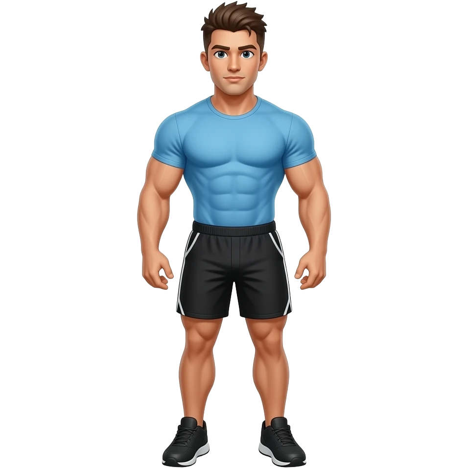 muscular jock with spiked brown hair, a light blue shirt, black athletic shorts and black athletic shoes emoji