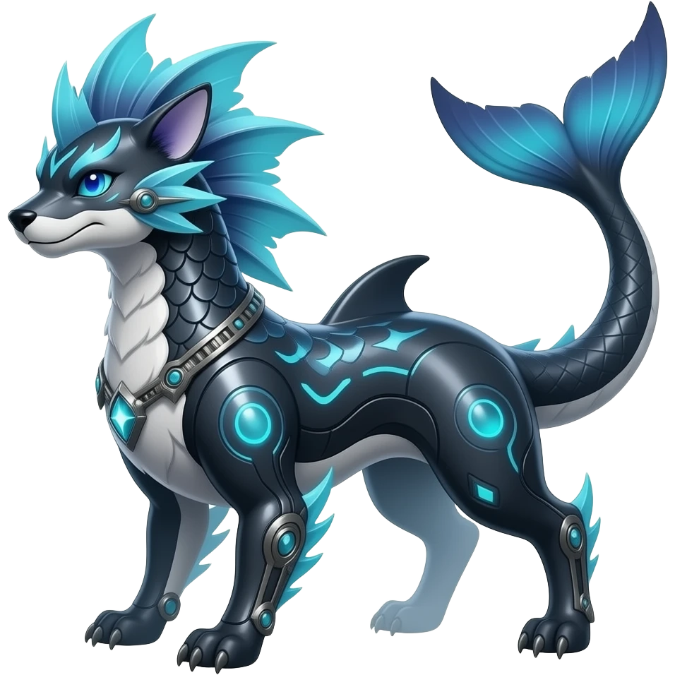 Tough realistic Quadrupedal digitigrade shiny glossy smooth finned frilled gothic tall slim unique epic legendary shiny edgy cool cyberpunk-solarpunk-fantasy-Sceptile-Sprigatito-Flyogn-Vaporeon-Electrike-Fakémon-hybrid with an orca tail emoji