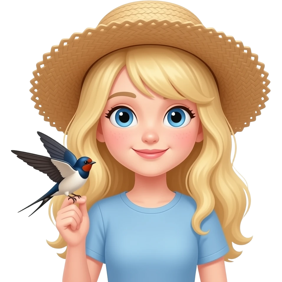 a blonde girl with blue eyes with a swallow bird in straw a hat emoji
