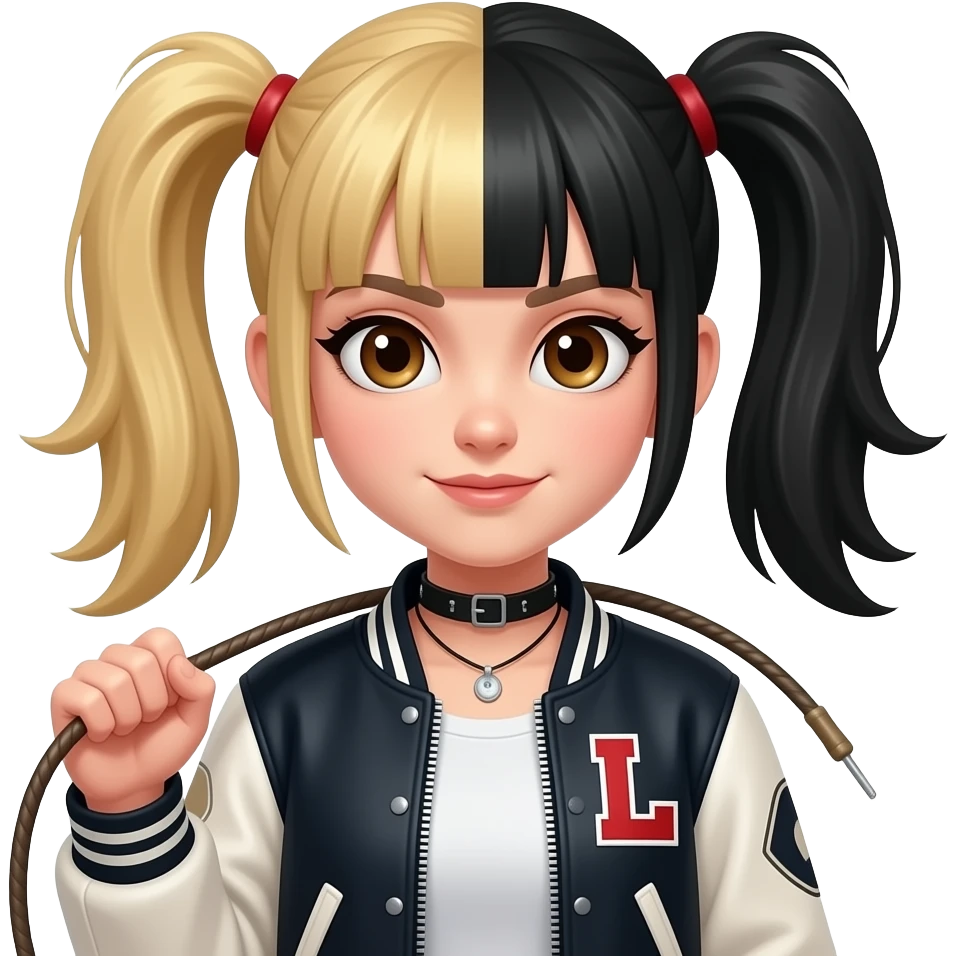 Punk girl with half blonde half black hair in pigtails with a letter L patch on jacket and brown eyes snapping whip emoji