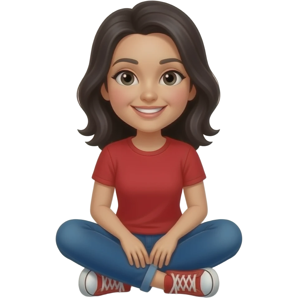 woman with black hair and red shirt sitting on the ground happy emoji