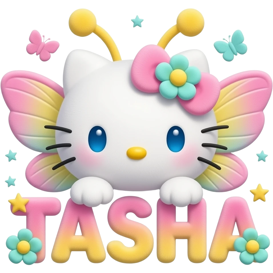 White velvety fur 3D hello kitty head, pink yellow cyan ombre 3D flower ...