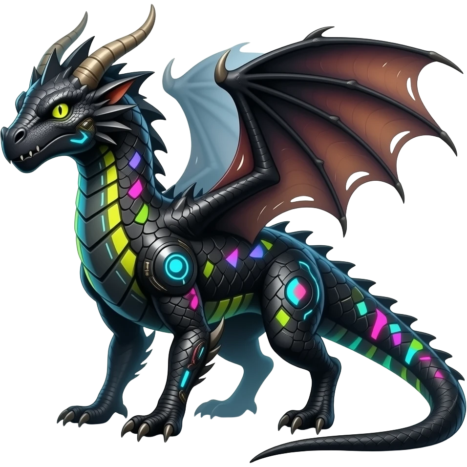 Cool edgy horned frilled black-scaled with neon-colored triangular stripe markings draconic raptorik digitigrade bipedal futuristic fantasy-Cyberpunk- emoji