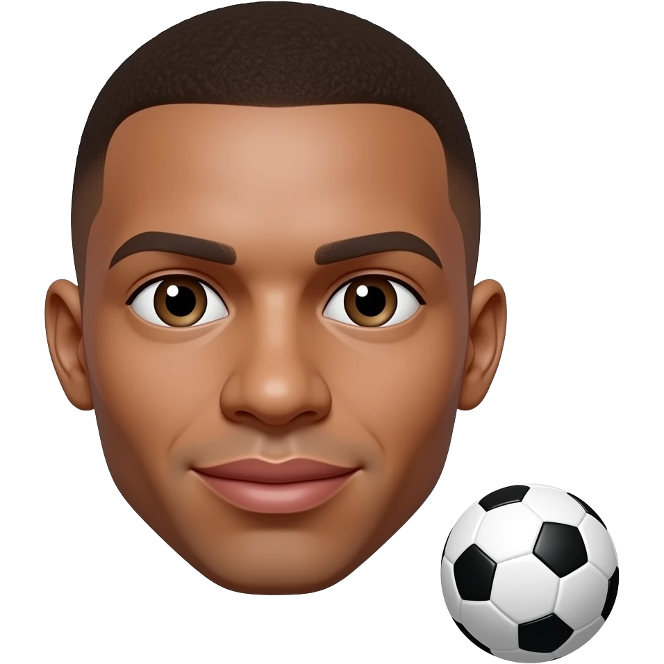 Mbappe-inspired 3D emoji, same face every time, 1 football near lower-right corner, glossy 3D style. emoji