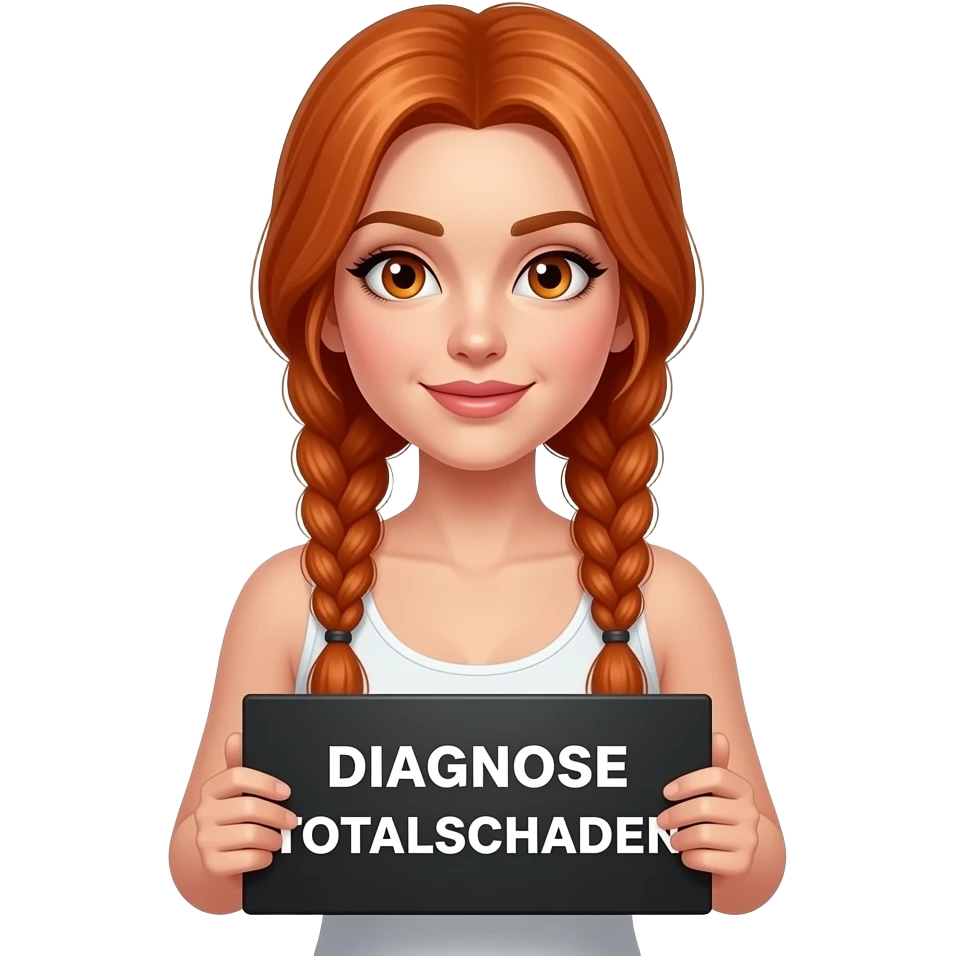 sexy girl with long ginger braids and ginger eyes wearing a white tanktop is holding a black sign with DIAGNOSE TOTALSCHADEN written on it emoji