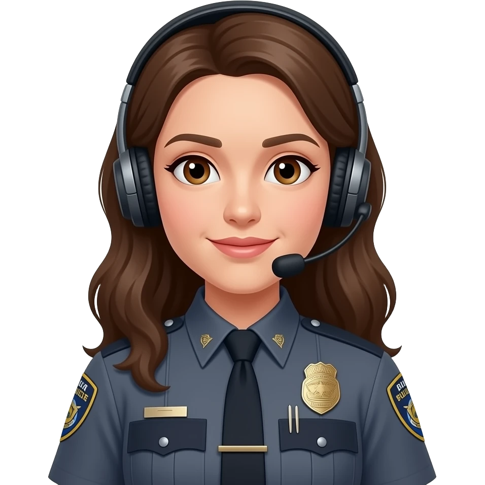 911 dispatcher dark gray uniform, brown eyes, long brown hair, head set emoji