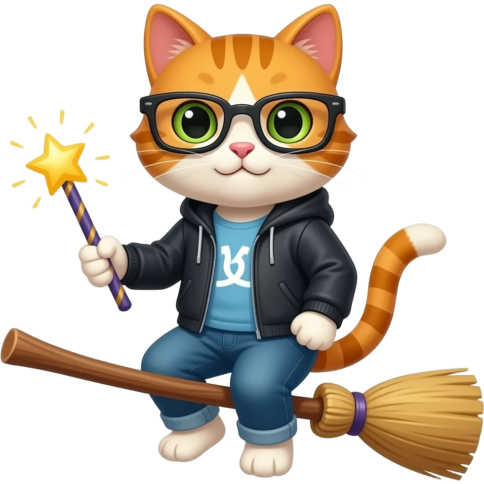 котик с волшебной палочкой на метле с хакерскими очками и с компьютером emoji