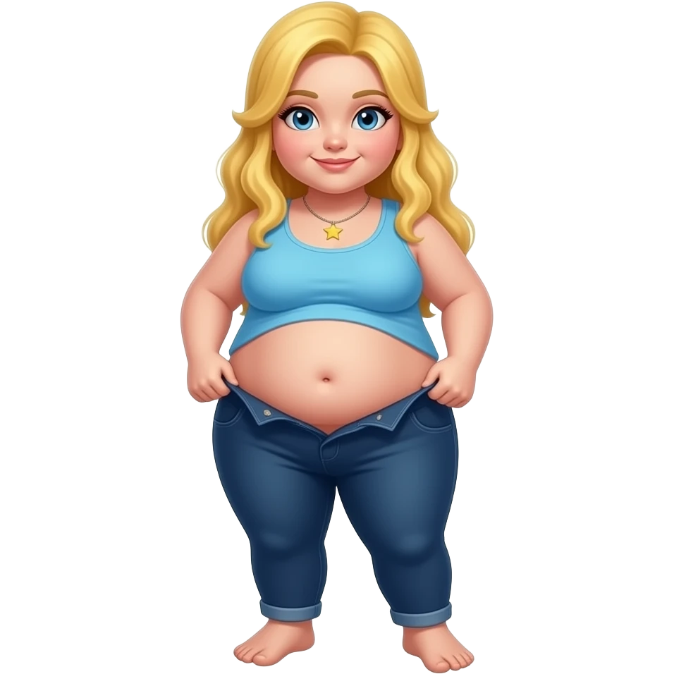 Chubby white girl blue eyes yellow long hair light blue tank top star necklace dark blue plain pants showing her feet lifting her shirt to show chubby belly button emoji