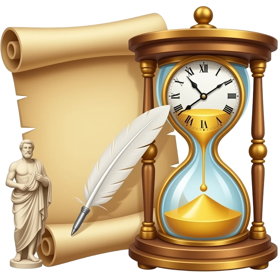 icon featuring ancient scrolls, quill pen with famous historical landmarks and monuments in the background like colliseum. Large, antique sand clocks with sand pouring out represent the passage of time. Historical figures are depicted as statues. Transparent background. emoji