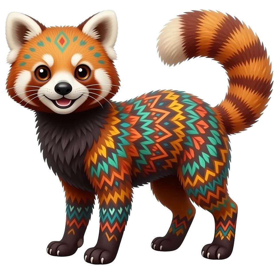 A beaked beaky 4-legged, feral, digitigrade, lanky, elegant, Colorful exotic tropical tribal cute happy realistic esoteric patterned fluffy furry dark civet-cacomistle-genet-red-panda-oncilla-Fakémon-fursona-hybrid-fusion-animal-creature, full body, 4-legged emoji