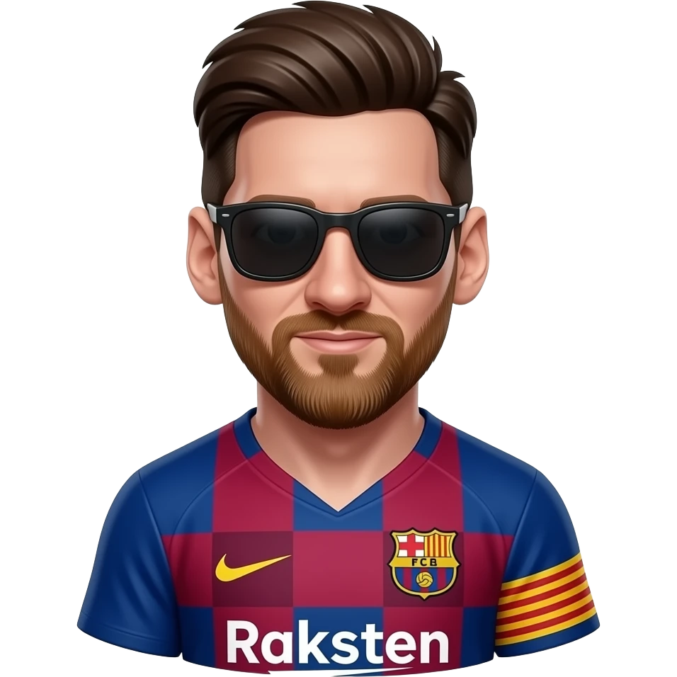Messi-inspired 3D emoji, full Barcelona jersey, 1 black sunglasses on right shoulder, not on face. emoji