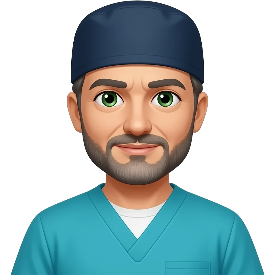 middle aged doctor with dark gray hair, beard stubble and green eyes in dark navy scub cap, torquoise scrubs with no eyeware emoji