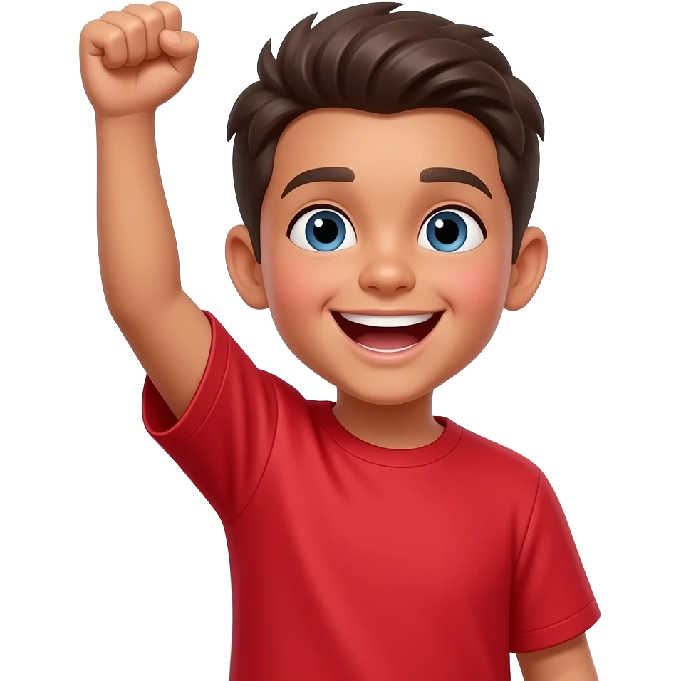 Mid complexion boy cheering with one hand in the air emoji