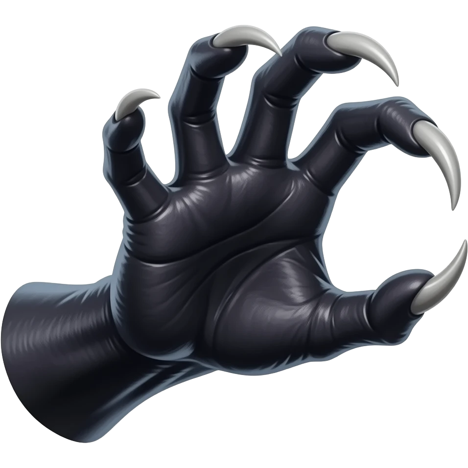 Long dark Demonic hand with sharp claws. Make the hand reach out to attack and slash towards the right of the image violently. Shift the perspective to a side profile to show the curvature and length of the claws more clearly. emoji