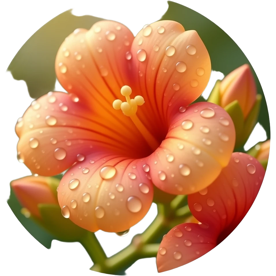 Realistic close-up of Campsis flowers with dew drops on petals, warm ...