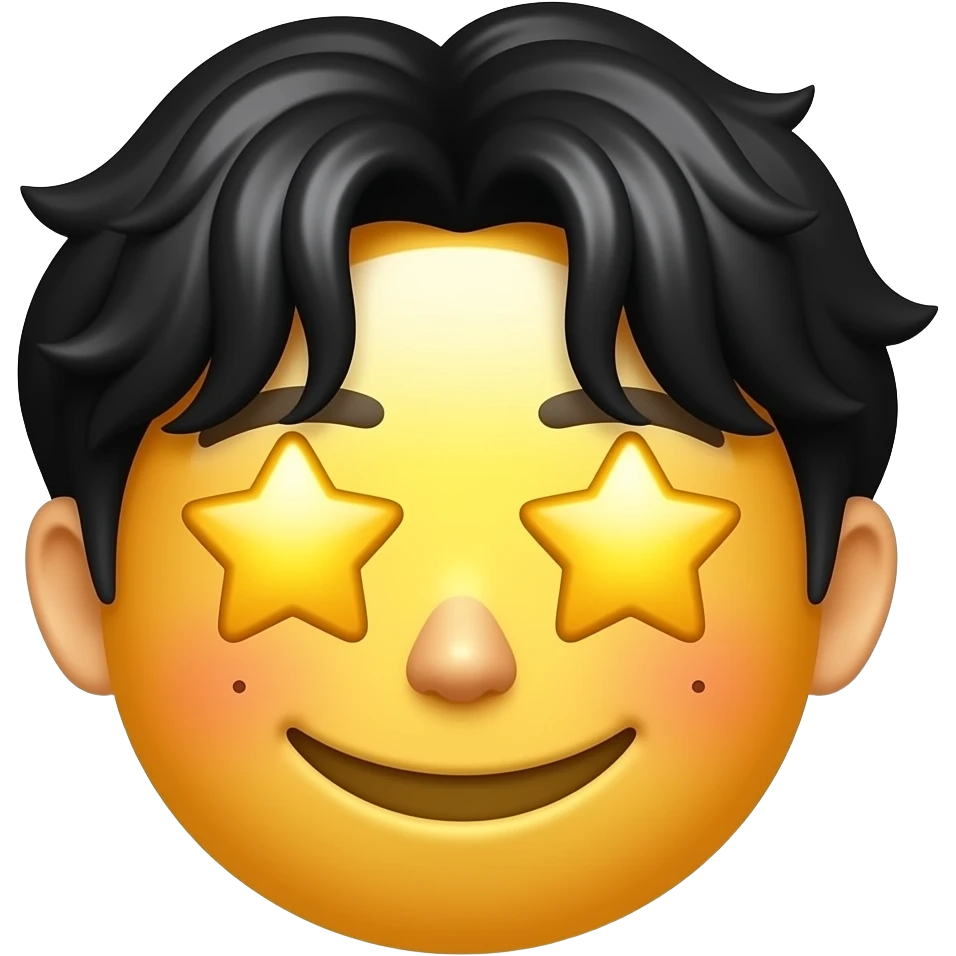 cheerful smile face emoji, extremely big yellow star eyes, Korean boy idol features, black fluffy wavy bangs, small mole under right eye, high nose, only face emoji