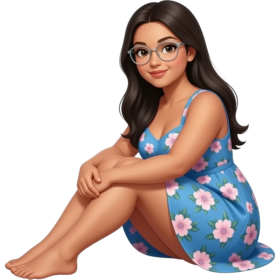 chubby tanned woman with long stright black hair, silver  thin framed glasses, pretty blue flora dress,sitting on side with knees together emoji