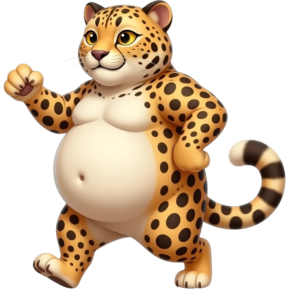 A strolling fat pot-belly cheetah,while being cheeky with her twerking butt,Her giant bulging sleek tummy is forever swinging & swaying sideways,she is so full that she wobbles,her Bellybutton waddles,that cheetah ate way too much. emoji