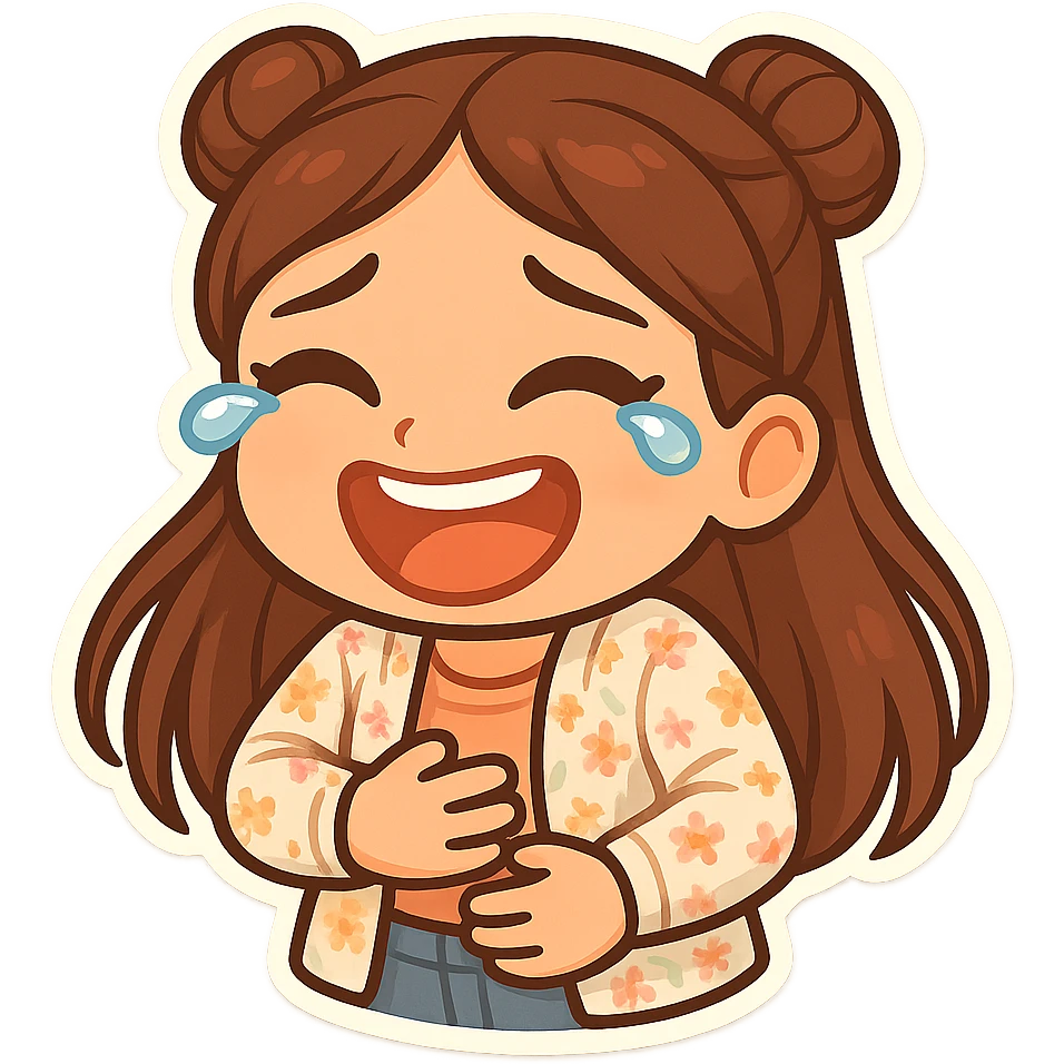 Create a chibi sticker of the girl from the reference image laughing to tears, holding her stomach. She has brown straight hair styled in double buns, brown eyes, wearing a pastel floral cardigan and jeans. The sticker should have a white outline and a transparent background, sized 512x512px. emoji
