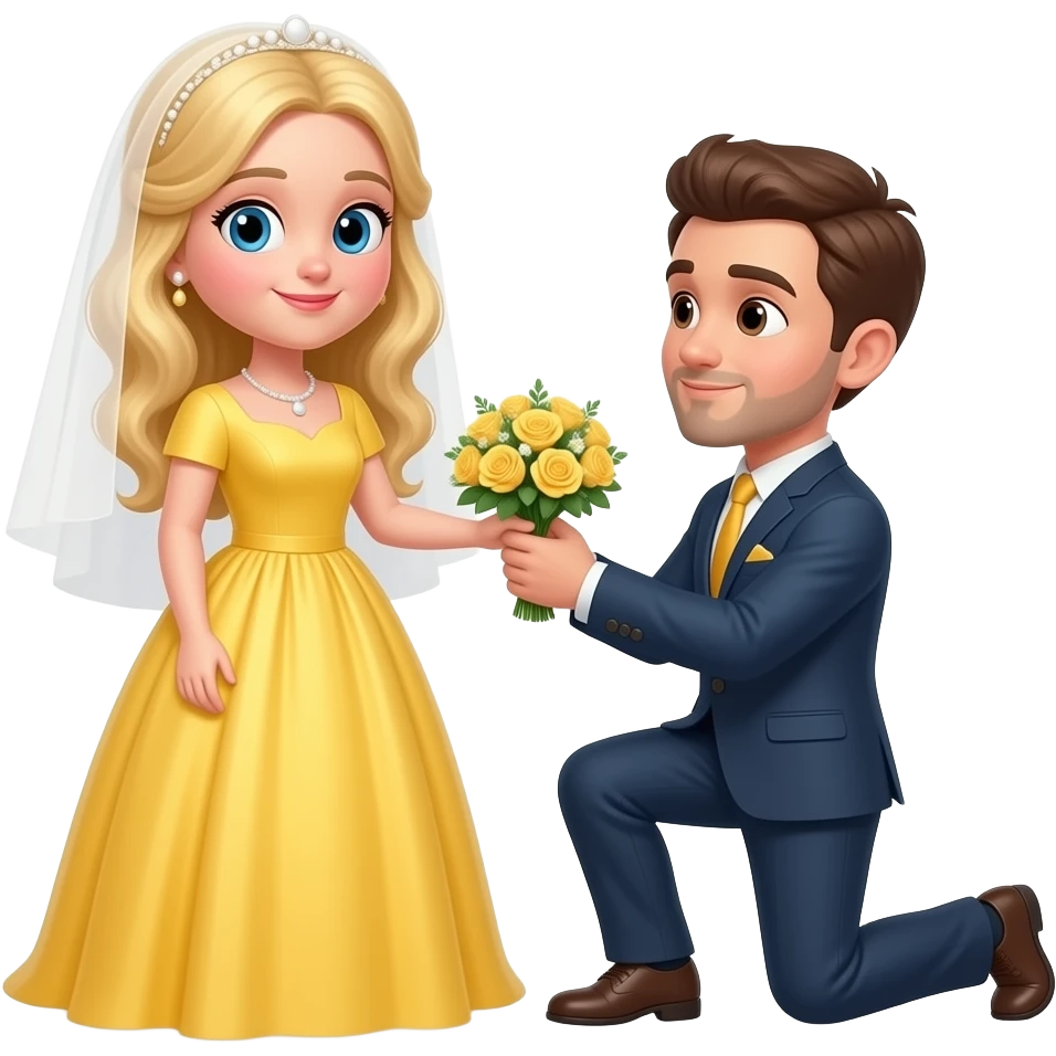 White blonde bride brunette groom with short facial hair proposal yellow dress emoji