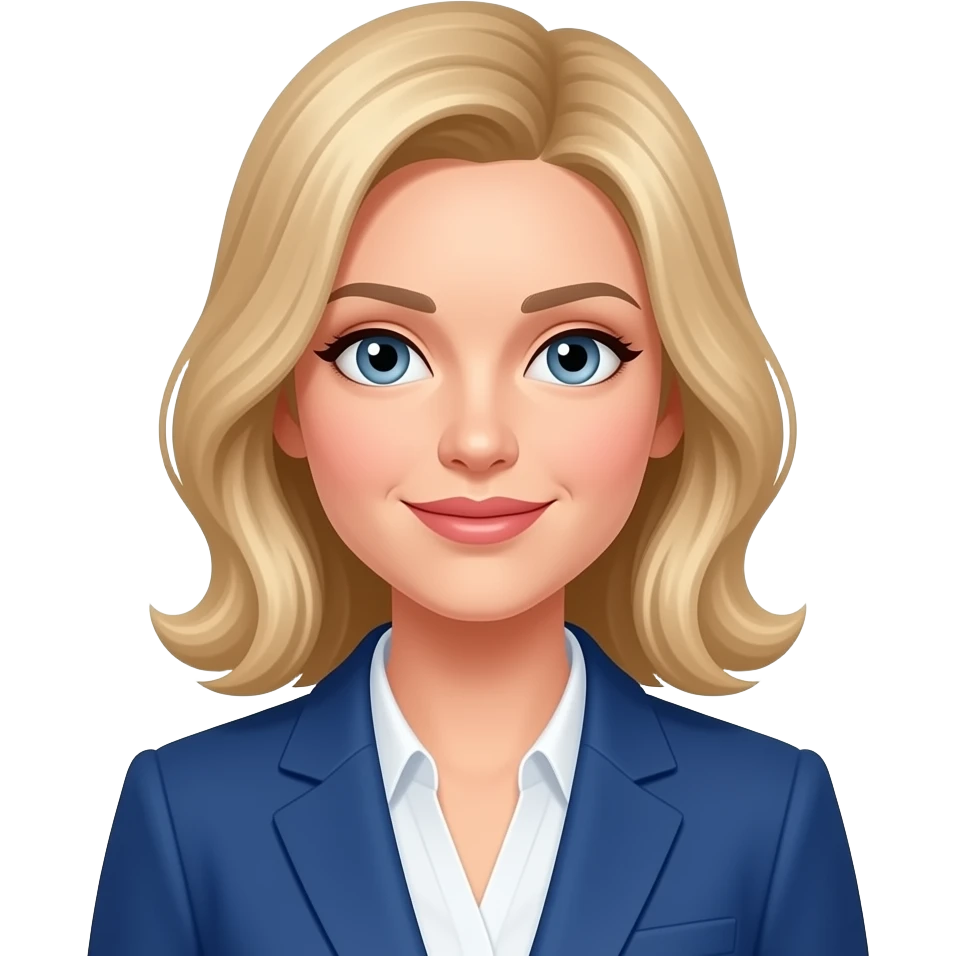 Female, strawberry blonde shoulder length hair, blue-grey eyes, professional blue blazer emoji