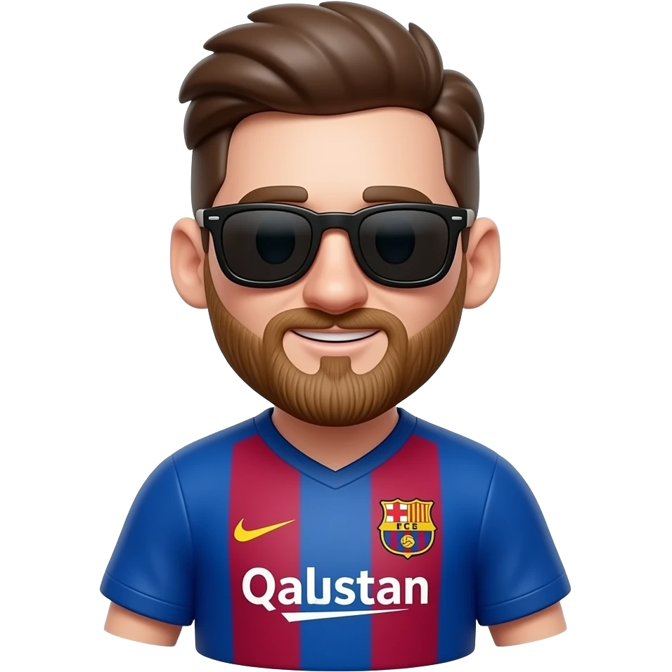 Messi-inspired 3D emoji, full Barcelona jersey, 2 tiny black sunglasses on both sleeves. emoji