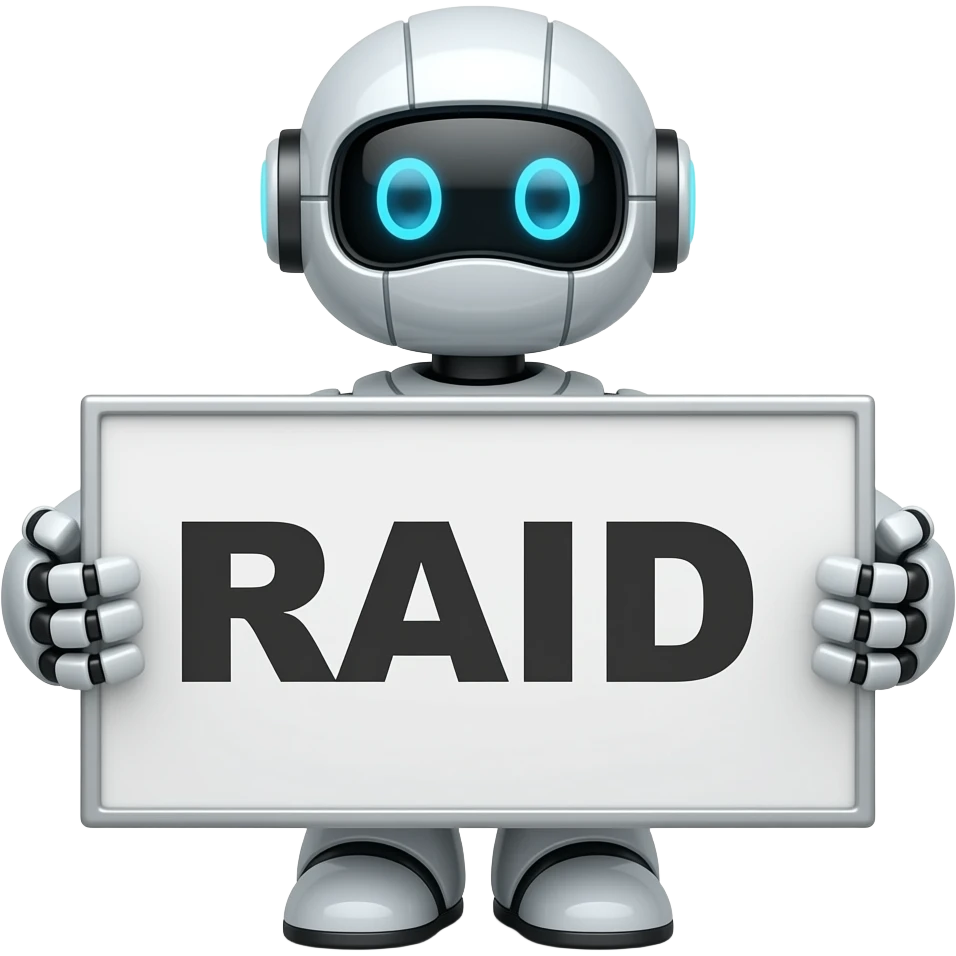 robot holding a board that says RAID emoji