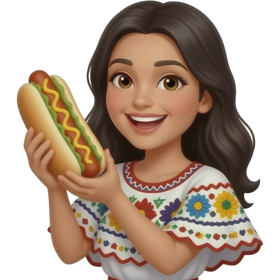 American woman of mexican descent celebrating with a hot dog emoji