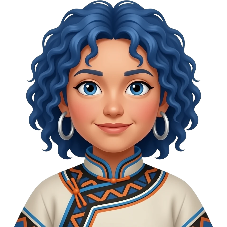 eskimo girl with blue curly hair and big earrings in classic eskimo outfit, just face emoji