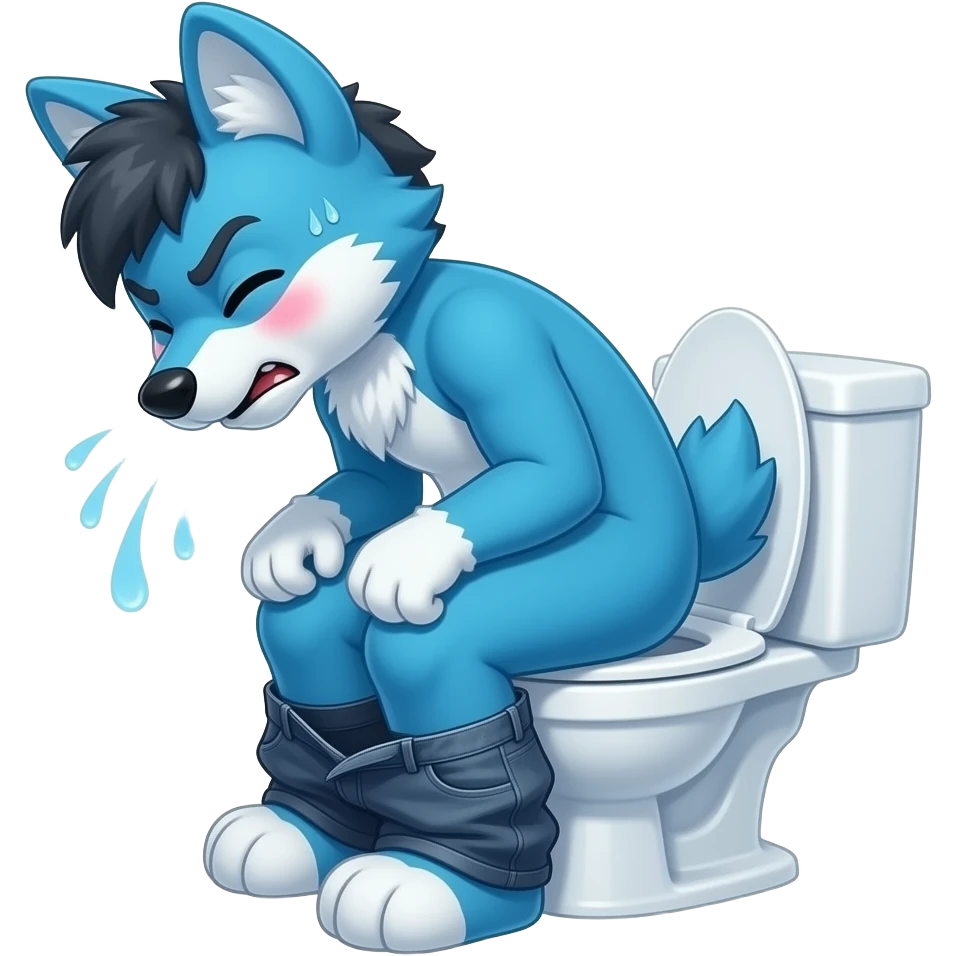 blue fursuit sitting on toilet, side view, pants down, straining face, blushing face, sweating, pain, pushing, both fits, discomfort, grunting emoji