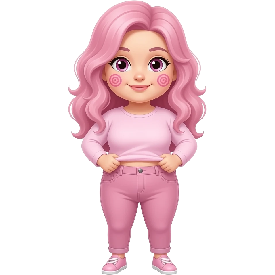 White fat girl light pink swirly long hair pink swirl cheeks light pink plain long sleeve shirt light pink jeans light pink shoes lifting shirt emoji