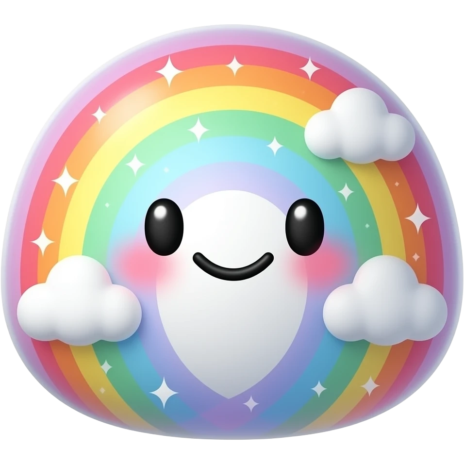 Rainbow Blob — A colorful rainbow blob with a soft rounded shape, bright rainbow swirls, cheerful face, glitter details, tiny clouds, fun magical collectible design. emoji