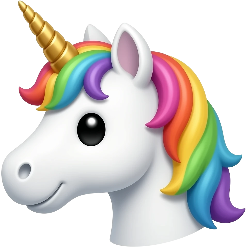 Whimsical funny face of a white wool unicorn, golden horn, rainbow mane, black eyes, in profile emoji