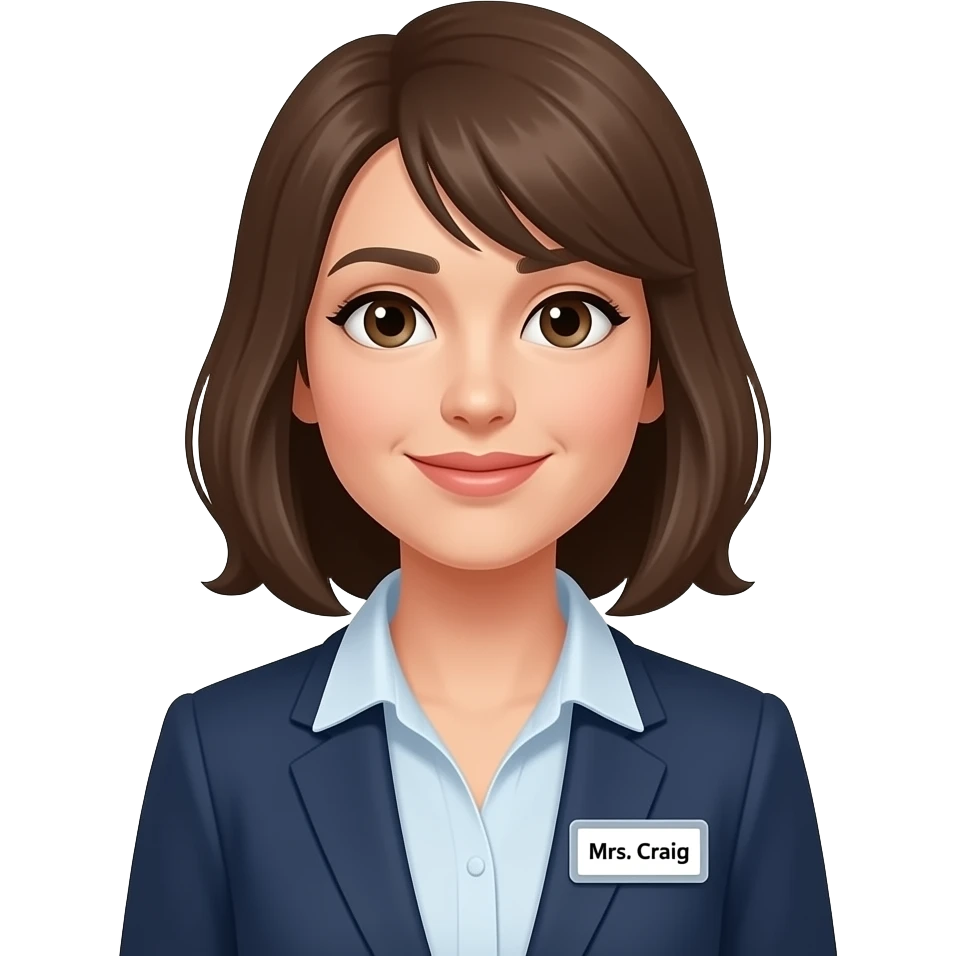 use the image above to make the hair below her shoulders and name tag that says Mrs. Craig emoji