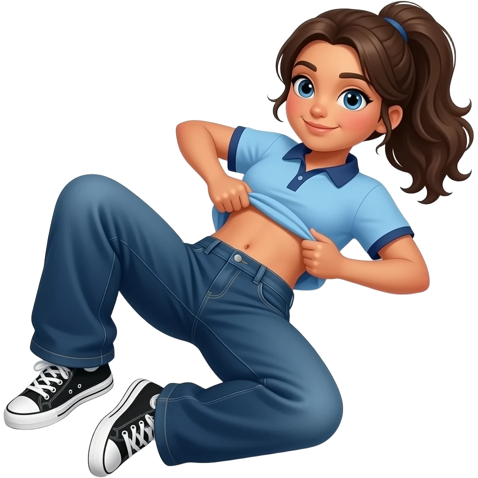 Hispanic girl with brown ponytail and blue eyes light blue dark blue lined polo and dark blue baggy jeans and belly button and black and white sneakers laying lifting her shirt funny belly trick emoji