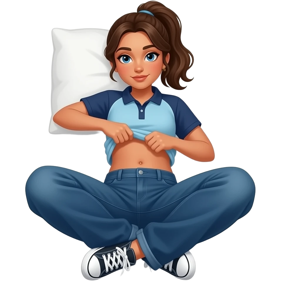 Hispanic girl with brown ponytail and blue eyes light blue and dark blue polo and dark blue baggy jeans and white and black sneakers and belly button laying down on her pillow on her bed lifting her shirt doing a belly rub emoji