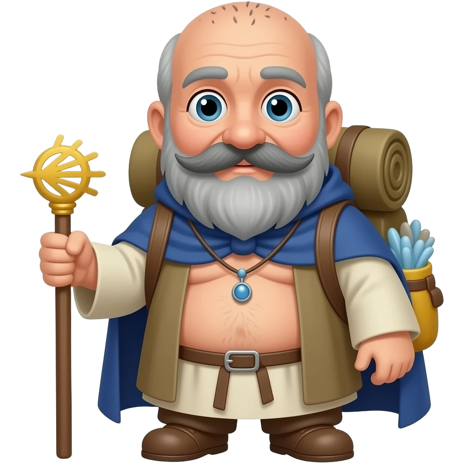 Hombre de 78 con bigote grande y mas oscuro con muchas entradasy con algo de abdomen rubia 50 Años y vestida de camino a santiago de cuerpo  entero con mochila emoji