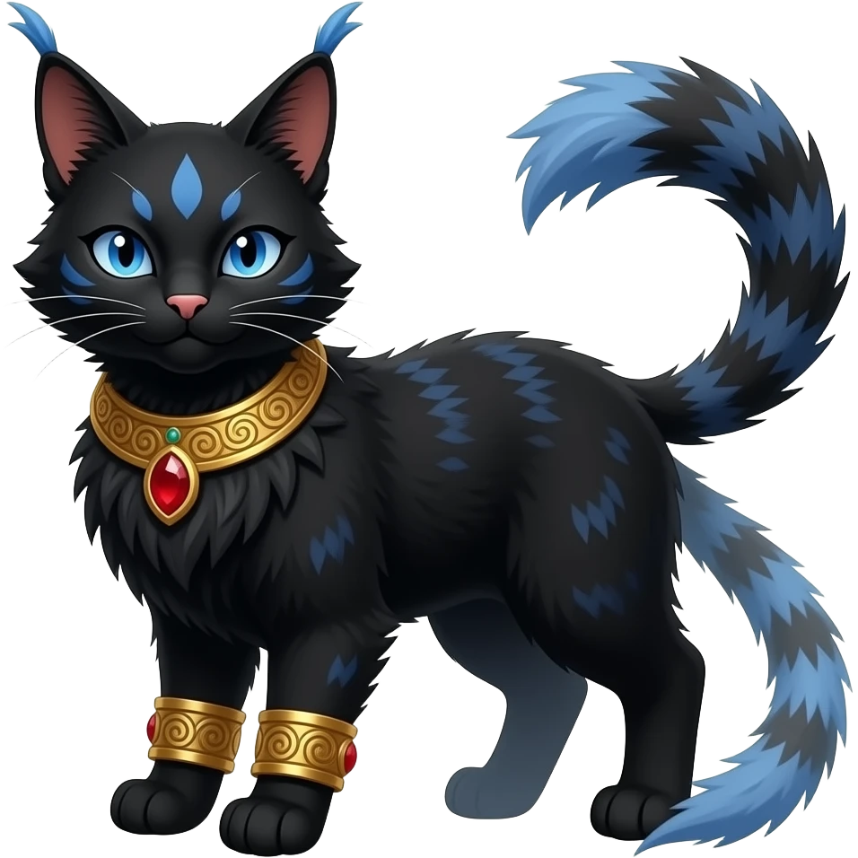 realistic furry fuzzy Black godly overpowered ethereal majestic oriental ancient Lykoi-Caracal-Cat-Fakemon. With gold bangles, red rubies, blue eye markings emoji