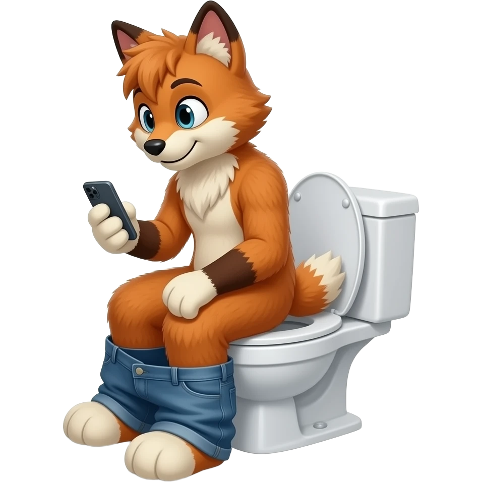 fursuit sitting on toilet, side view, pants down, looking down at phone emoji