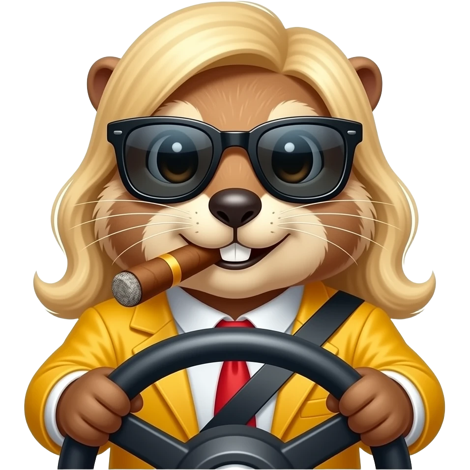 Marmotte au volant de voiture avec cigare et lunette de soleil et un marmotte blonde fashion emoji