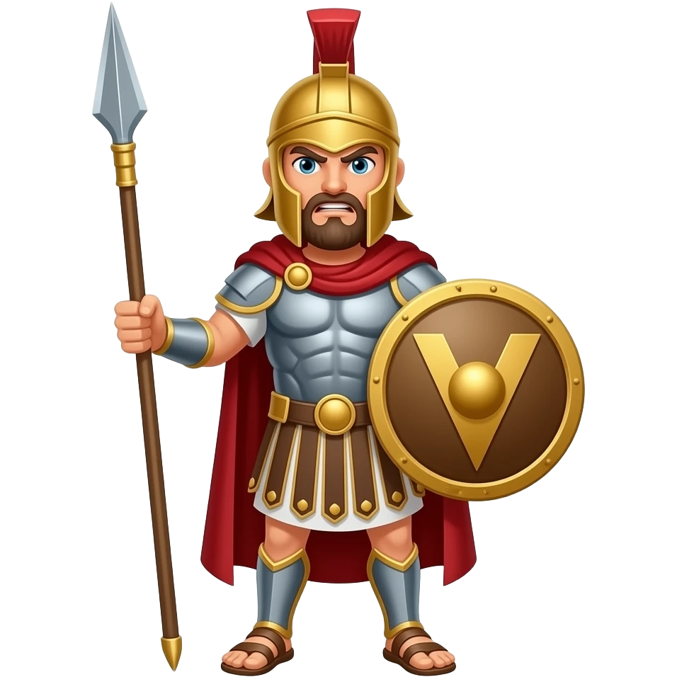 Roman Spartan warrior with full body from 300 movie full body with beard and more aggressive more fatal and hold spear and shield with v mark emoji