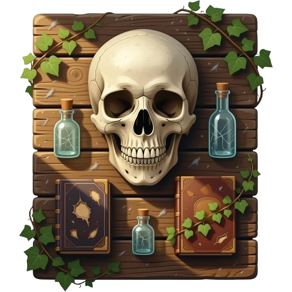 realistic cinematic - Joel Peter Witkin style - still life arranged on a wooden board, includes a corpse's head, tiny dusty bottles, old battered books, some wrapped ivy emoji